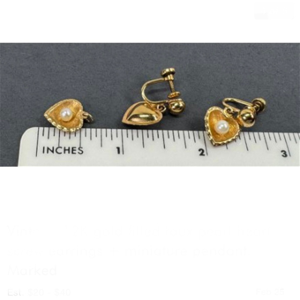 Vintage 12K gold‎ filled faux pearl heart screw earrings + miniature pendant. - Picture 6 of 6